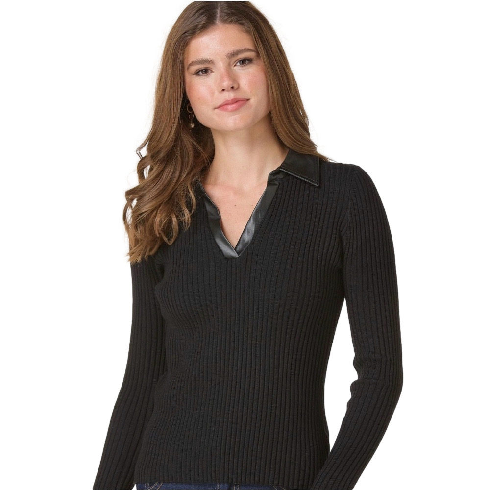 Truth black ribbed sweater w/faux leather collar